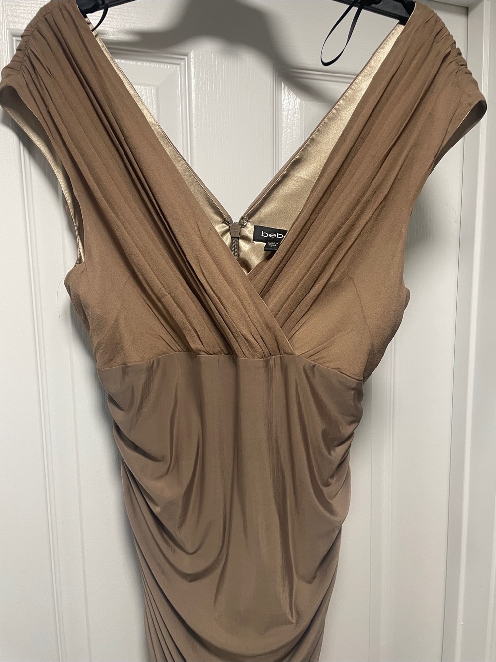 bebe One-Shoulder Draped Taupe Evening Dress